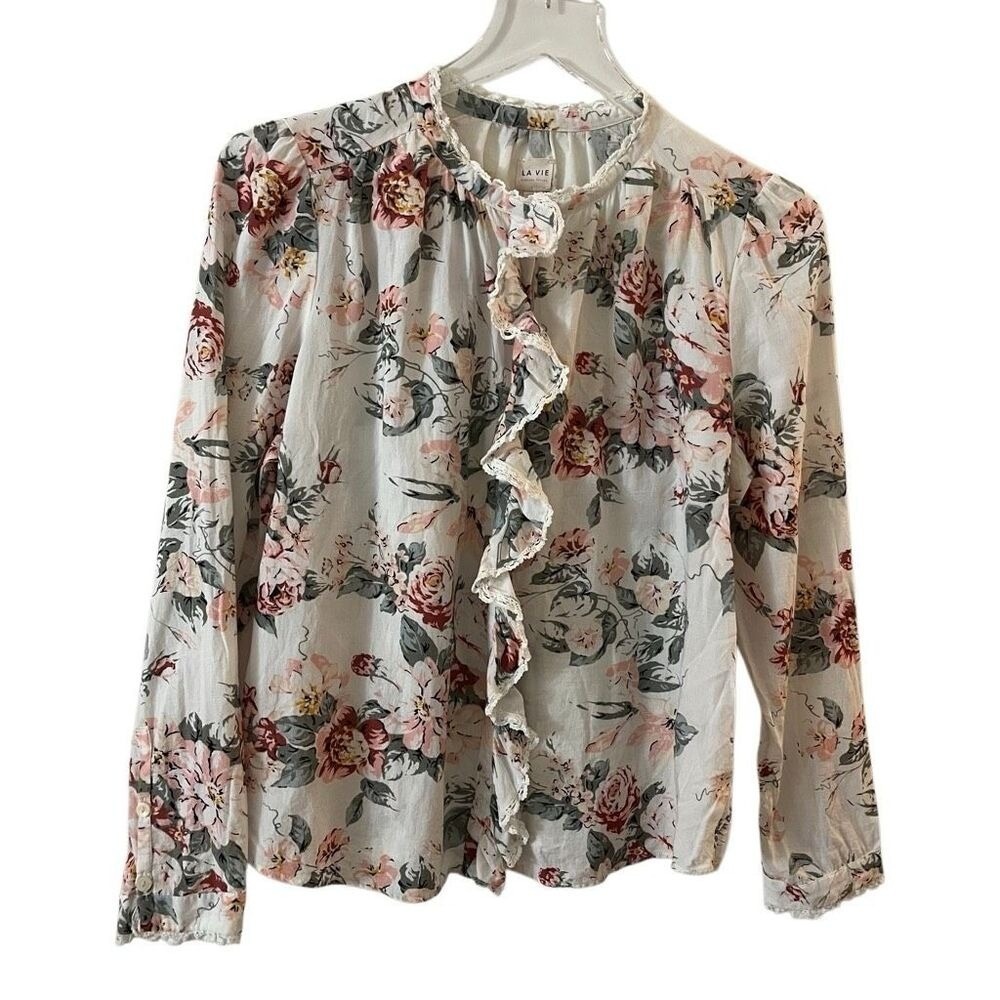 Rebecca Taylor La Vie 100% cotton Rose ruffle floral bohemian blouse size medium